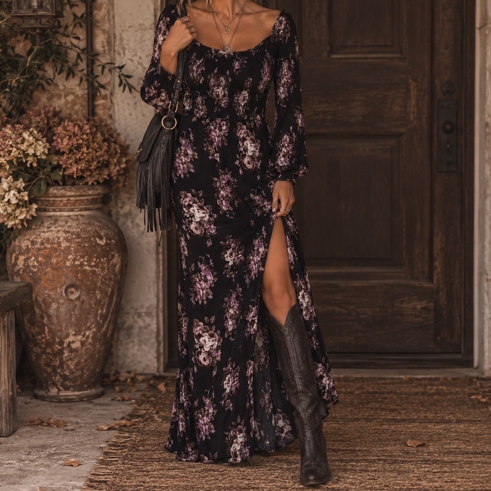 Altar'd State Black Purple Floral Maxi Dress Small Whimsigoth Romantic Grunge